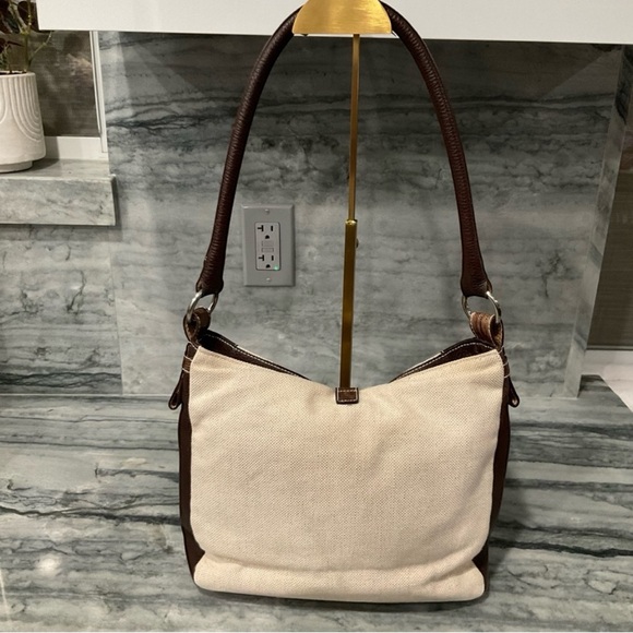 EUC Furla Canvas and  Pebble Leather Shoulder Bag Cream Brown Crossbody Bag - Picture 2 of 11